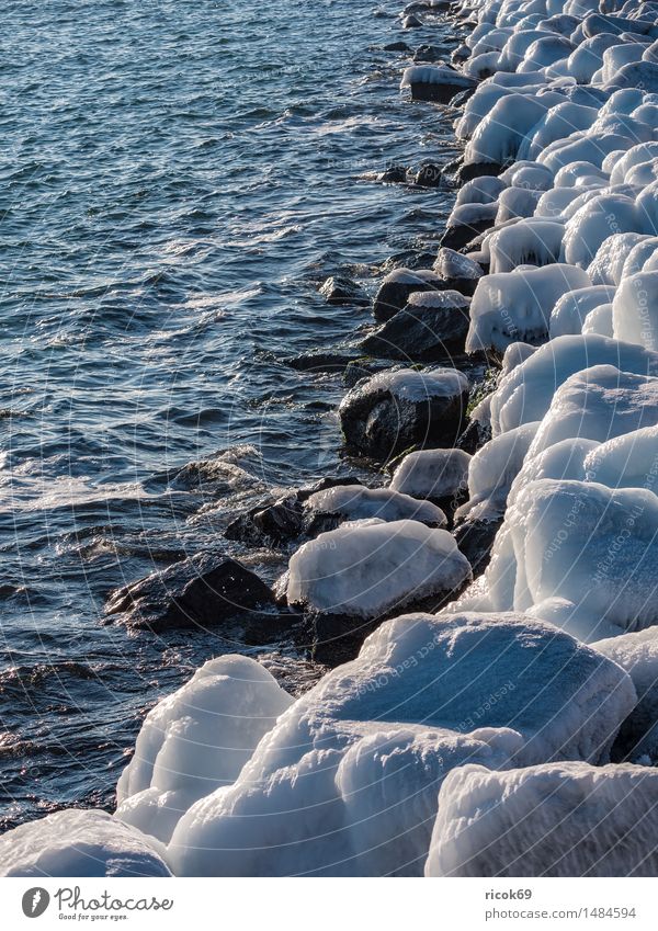 Die Mole in Warnemünde im Winter Erholung Ferien & Urlaub & Reisen Meer Natur Landschaft Wasser Wetter Eis Frost Küste Ostsee Stein kalt weiß Rostock