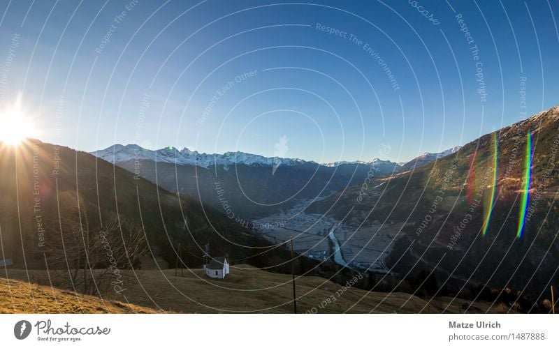 Tal im Schatten Umwelt Natur Landschaft Sonne Sonnenaufgang Sonnenuntergang Sonnenlicht Winter Schönes Wetter Schnee Hügel Felsen Alpen Berge u. Gebirge Gipfel