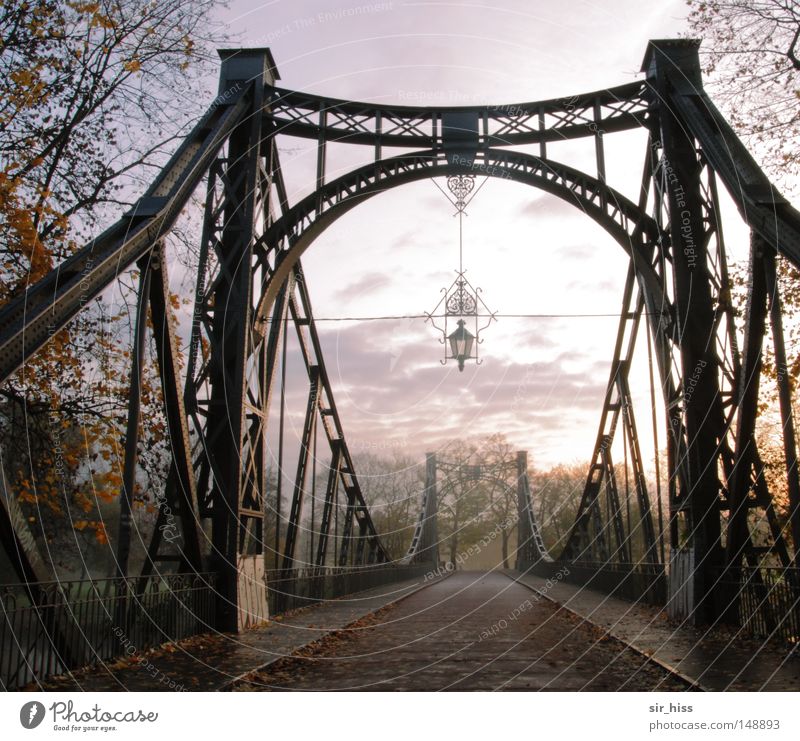 vor dem Übergang Herbst Nebel Brücke Straße Stahl alt ästhetisch positiv braun gelb grün rot Gefühle Zufriedenheit Warmherzigkeit Sehnsucht Fernweh