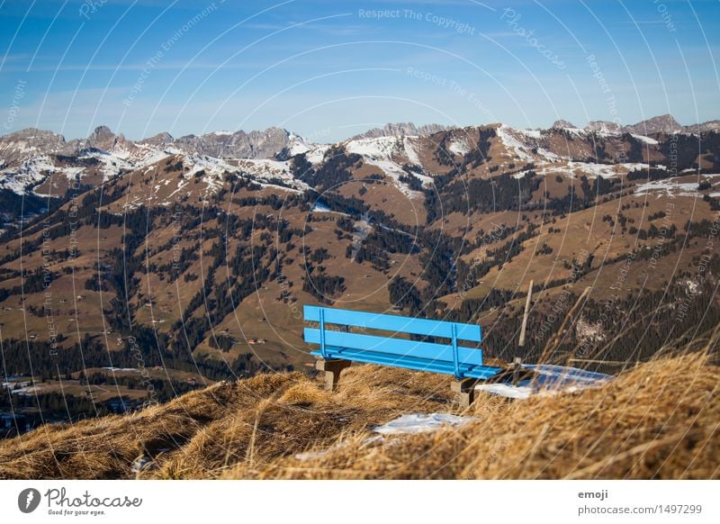 Aussichtsplatz Umwelt Natur Landschaft Sommer Herbst Schönes Wetter Alpen Berge u. Gebirge natürlich blau Bank Tourismus Wandertag Wanderausflug Schweiz Pause