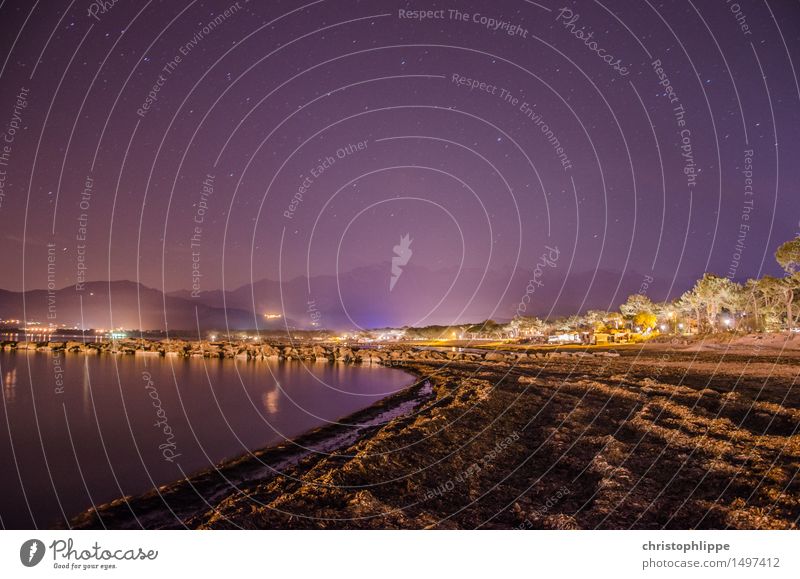 purple night Umwelt Landschaft Sand Wasser Stern Horizont Küste Strand Meer Mittelmeer Calvi Korsika Europa Dorf Hafenstadt Menschenleer Haus Uferpromenade