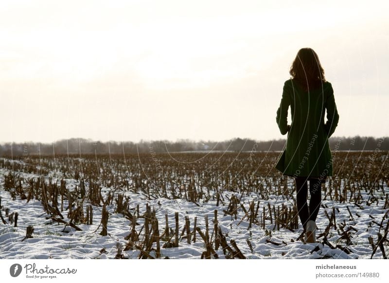 Fee, im Sommer, im Schnee. grün Feld Mais Maisfeld weiß Himmel Baum Hintergrundbild Mantel blond Haare & Frisuren gehen Schuhe Strumpfhose Sehnsucht Trauer