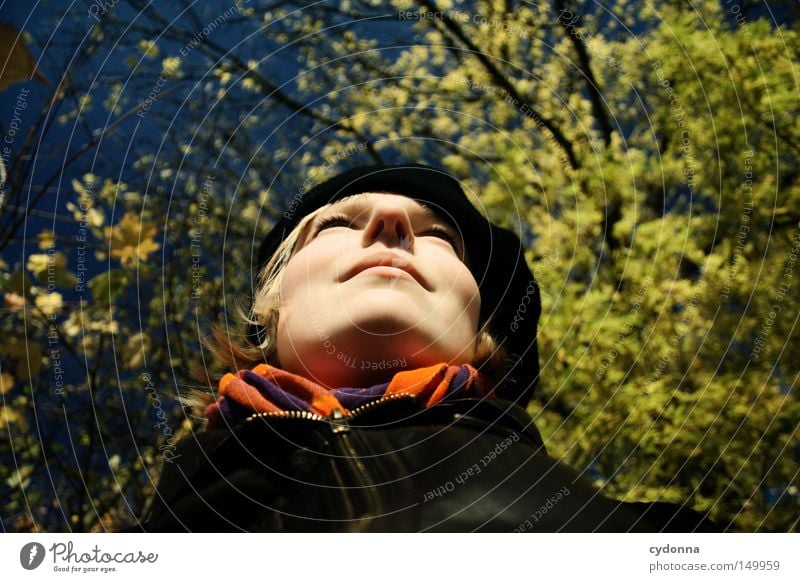 Herbstzeitlose Jahreszeiten Blatt mehrfarbig gelb Baum Natur Zeit Himmel Wind Sonne Mensch Frau feminin Porträt heizen genießen Erholung Verbundenheit