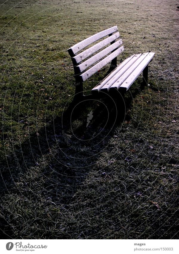 PHIL ist zur Zeit nicht zu Hause Bank Parkbank Raureif Frost Morgen Schatten Rasen Wiese Einsamkeit Reflexion & Spiegelung kalt Winter November Möbel Spätherbst