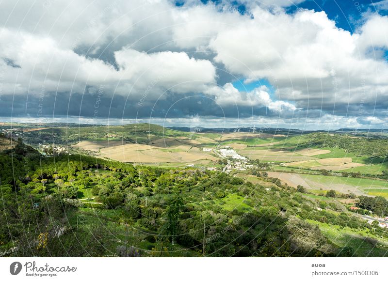 Natürliches Mosaik Freiheit Natur Landschaft Pflanze Himmel Wolken Herbst Wind Hügel Dorf bevölkert drehen blau braun grün Windkraftanlage Feld Wald Farbfoto