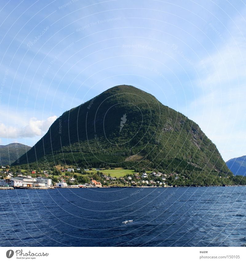 Meerbusen ruhig Freiheit Berge u. Gebirge Umwelt Natur Landschaft Urelemente Wasser Himmel Wolken Sommer Schönes Wetter Wald Küste Fjord Dorf Fischerdorf