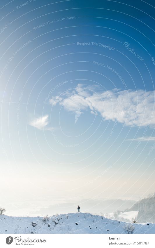 Aussichtspunkt Abenteuer Ferne Freiheit Winter Schnee Mensch 1 Umwelt Natur Landschaft Himmel Wolken Sonne Sonnenlicht Schönes Wetter Eis Frost Hügel Gipfel