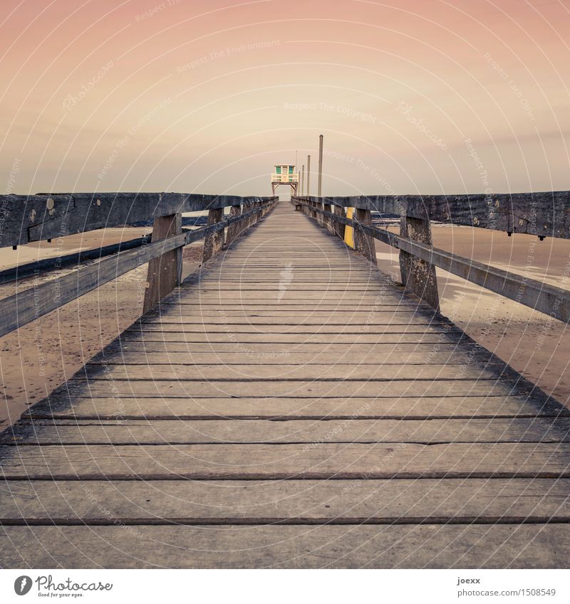 Langer Weg Himmel Schönes Wetter Küste Seebrücke Holz lang braun rosa weiß Hoffnung Fernweh Steg Holzweg Kontrolle Strandposten Farbfoto Gedeckte Farben