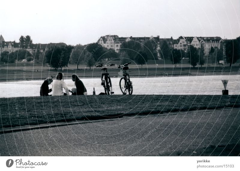 Am Strand Fahrrad gemütlich Freundschaft Menschengruppe