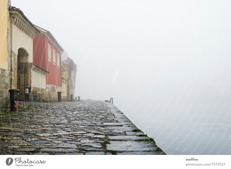 morgens III Herbst Winter schlechtes Wetter Nebel Regensburg Haus kalt feucht mystisch Donau Farbfoto Gedeckte Farben Außenaufnahme Textfreiraum rechts