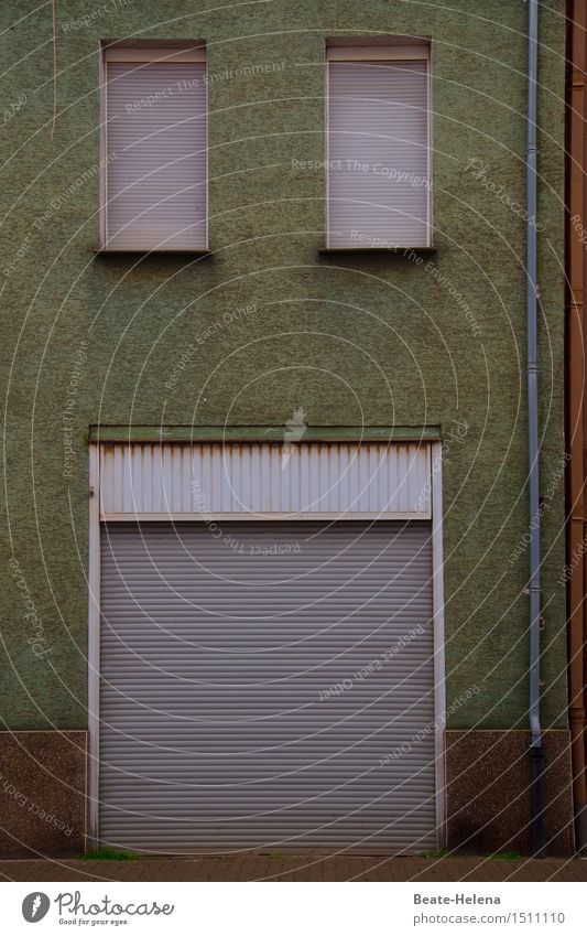 zu. Häusliches Leben Wohnung Haus Kleinstadt Menschenleer Mauer Wand Fenster Straße Stein Kunststoff alt dunkel grau grün Gefühle Verzweiflung Vergänglichkeit