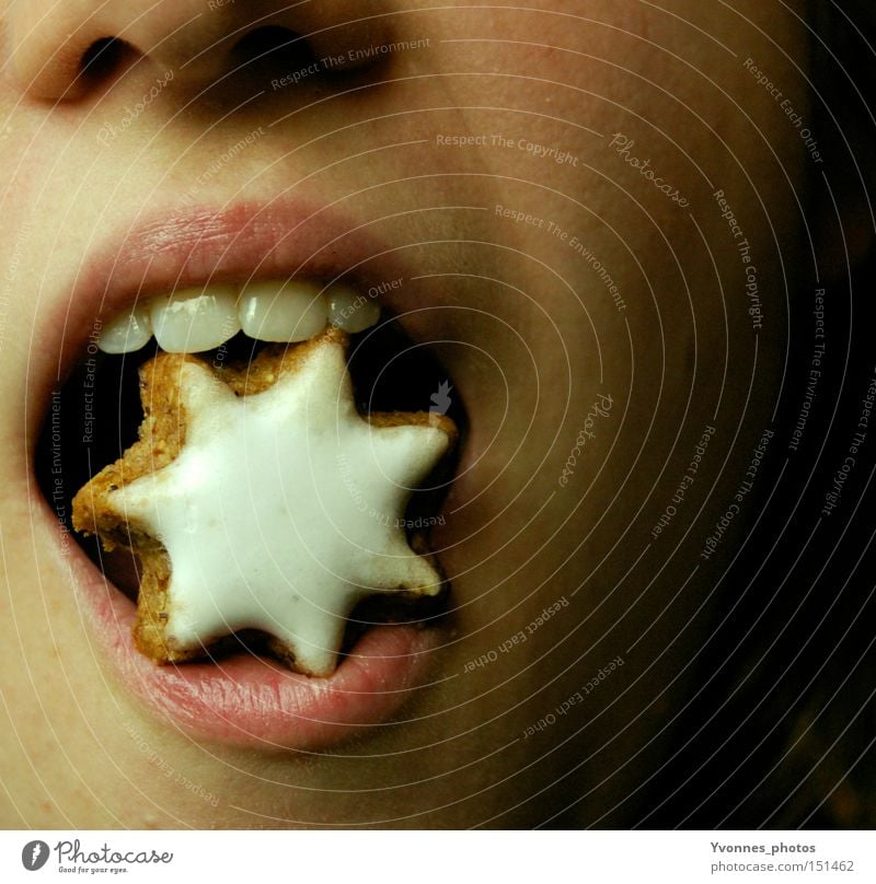 Zimtstern Weihnachten & Advent Ernährung Plätzchen Mund Lippen lecker Stern (Symbol) süß Zähne Essen 1 Biss beißen bissfest Offener Mund offen Nahaufnahme