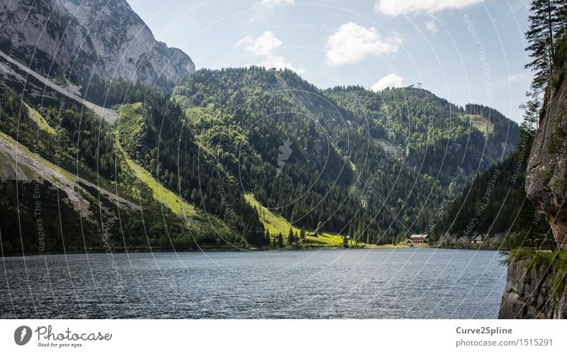 Idylle Natur Landschaft Urelemente Wasser natürlich See Seilbahn Seeufer Berge u. Gebirge Hütte Haus grün Wald Himmel Stein Wolken Hügel blau Gosausee