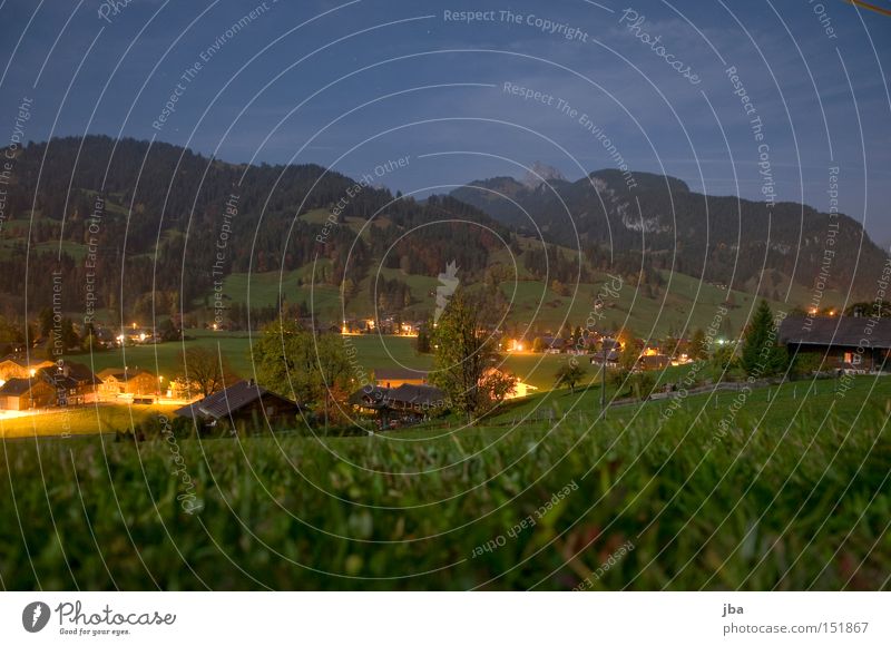 spät abends 2nd Nacht Abend Mondschein Vollmond Schatten Wiese Aussicht Baum Berge u. Gebirge Licht Berghang Gras Lampe Beleuchtung Stimmung Langzeitbelichtung