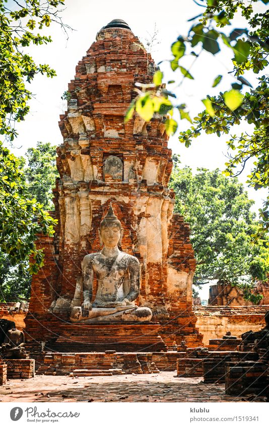 Alte Buddha-Statue, in Ayutthaya, Thailand Design Gesicht Meditation Kultur Himmel Wolken Architektur alt gelb Glaube Religion & Glaube antik Asien asiatisch