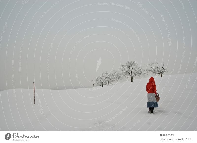 kappe rot Winter Schnee sehr wenige Baum Berge u. Gebirge Schweiz kalt weiß grau ruhig Rotkäppchen kahl trist