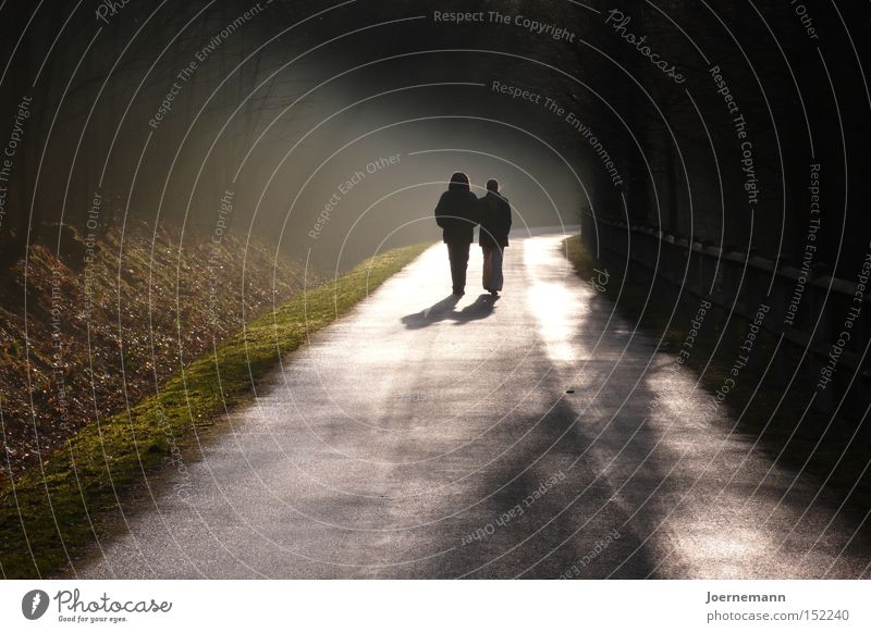 Abendspaziergang Paar Liebespaar Ehepaar Spaziergang Wege & Pfade Gegenlicht Abenddämmerung Zusammensein wandern Nebel Glück Herbst Zufriedenheit paarweise