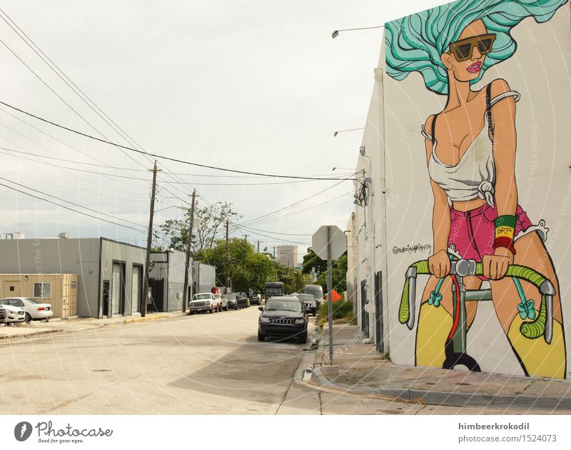 Cooles Girl auf Rennrad an Straßenkreuzung - Streetart in Wynwood Miami Lifestyle Stil Sport Fitness Sport-Training Fahrradfahren feminin Junge Frau Jugendliche