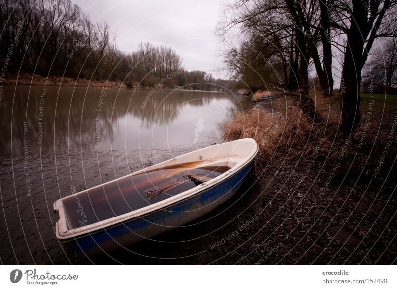 gestrandet Fluss Inn Wasserfahrzeug trüb Baum Flussufer Winter trist Langzeitbelichtung Vergänglichkeit graufilter vollgelaufen Im Wasser treiben Ruderboot