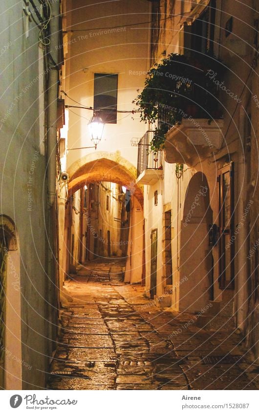 Nachtstück menschenleer Italien Apulien Südeuropa Kleinstadt Stadt Altstadt Tor Mauer Wand Fassade Balkon Torbogen Straße Gasse Lampe Laterne Straßenbeleuchtung