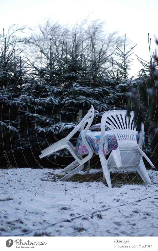 Stühle haben kalte Füße Gartenstuhl Stuhl Plastikstuhl Winter Schnee parken Dresden Möbel Gartenmöbel kleine Fichten Tischwäsche