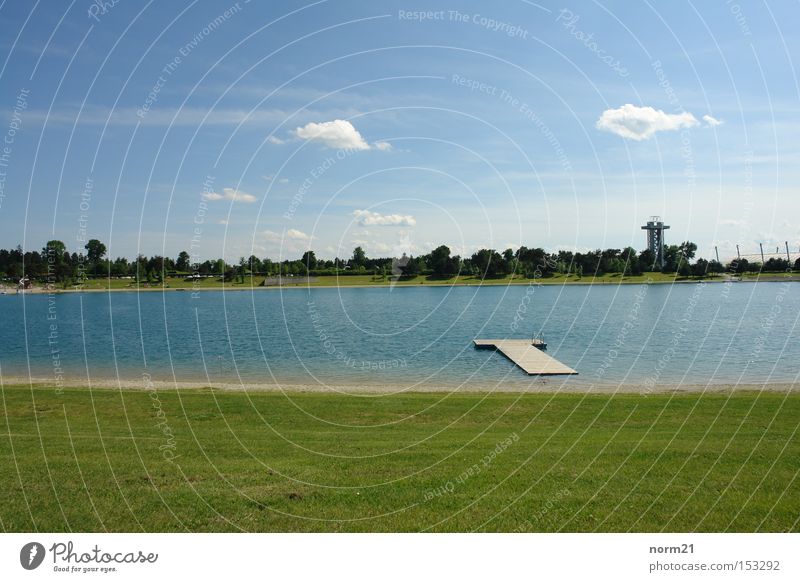 See Gras grün blau Steg Wasser Himmel Strand Turm Wiese