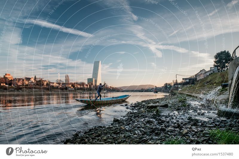 Pantonier auf dem Rhein Pontonier Wasserfahrzeug Mann Erwachsene 1 Mensch Umwelt Natur Landschaft Himmel Wolken Sonnenaufgang Sonnenuntergang Sonnenlicht Winter