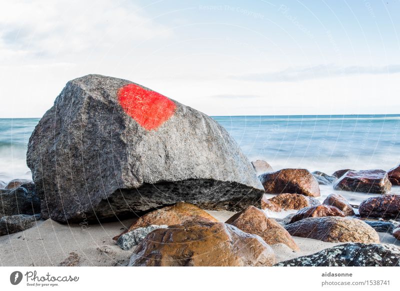 Ostseestrand mit Herz Landschaft Wasser Horizont Winter Schönes Wetter Wellen Zufriedenheit achtsam Vorsicht ruhig Farbfoto mehrfarbig Menschenleer Tag