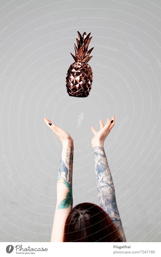 Flying Pineapple Frucht feminin Arme 1 Mensch Diät fangen fliegen werfen Fröhlichkeit Gesundheit gold Ananas Schweben Tattoo ausgestreckt Schwärmerei