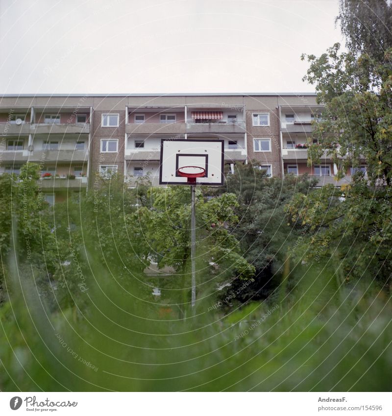 Spielen im Grünen Ghetto Spielplatz Sport Freizeit & Hobby Basketball Gras Froschperspektive Wohngebiet Plattenbau Haus Funsport freizeitbeschäftigung