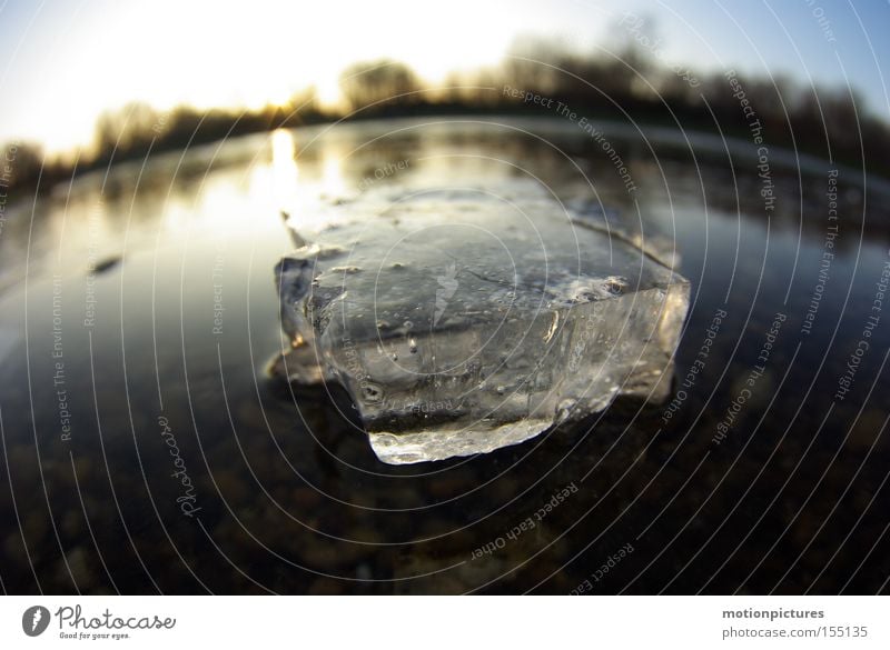 anderthalb Erkenntnisse Wasser gefroren frieren Eis Eisfläche Eisscholle Fischauge Aggregatzustand Winter Gegenlicht Sonnenuntergang Makroaufnahme