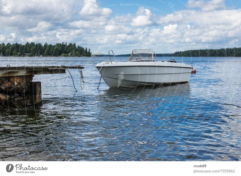 Boot an der schwedischen Küste Erholung Ferien & Urlaub & Reisen Tourismus Insel Natur Landschaft Wolken Baum Ostsee Wasserfahrzeug blau grün Schäre Schweden