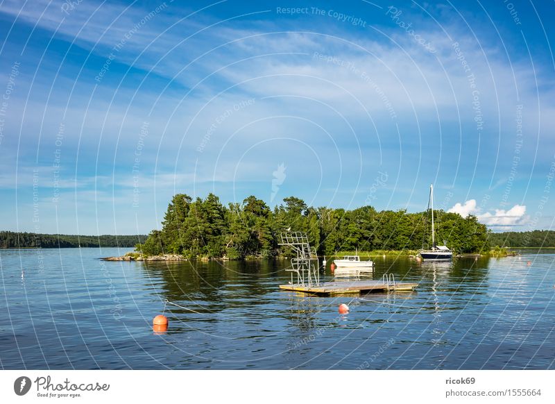 Schären an der schwedischen Küste Erholung Ferien & Urlaub & Reisen Tourismus Insel Natur Landschaft Wolken Baum Ostsee Wasserfahrzeug blau grün Schweden