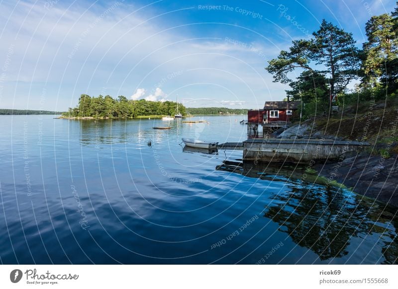 Schären an der schwedischen Küste Erholung Ferien & Urlaub & Reisen Tourismus Insel Natur Landschaft Wolken Baum Ostsee Wasserfahrzeug blau grün Schweden