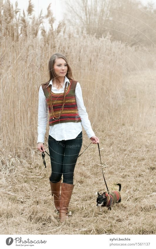 Gassi gehen Freizeit & Hobby Mensch feminin Junge Frau Jugendliche Leben 18-30 Jahre Erwachsene Natur Herbst schlechtes Wetter Nebel Mode Stiefel brünett