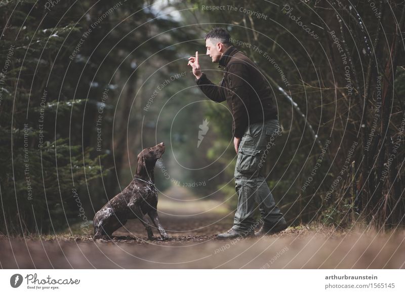 Mann mit Hund im Wald Freizeit & Hobby Jagd Ausflug Mensch maskulin Junger Mann Jugendliche Freundschaft Leben 1 30-45 Jahre Erwachsene Umwelt Natur Baum Park