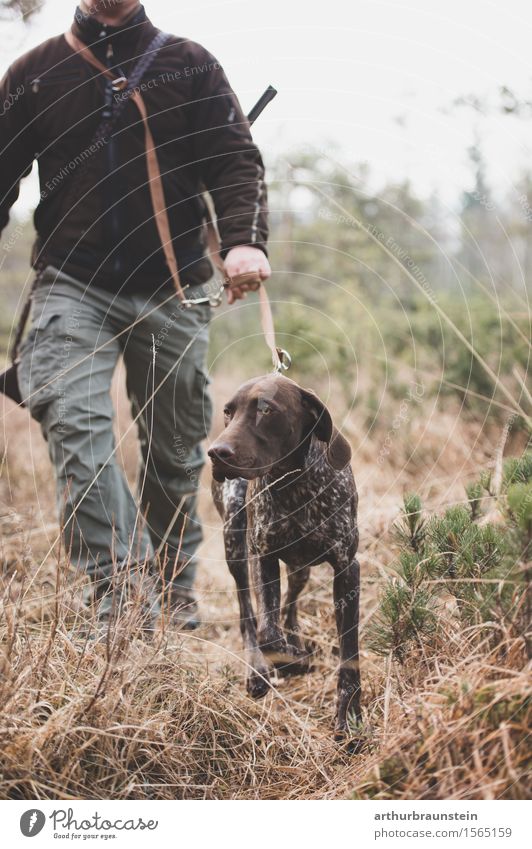 Jäger spaziert mit Hund im Wald Freizeit & Hobby Jagd Ausflug wandern Spaziergang Mensch maskulin Leben 1 30-45 Jahre Erwachsene Umwelt Natur Landschaft Pflanze