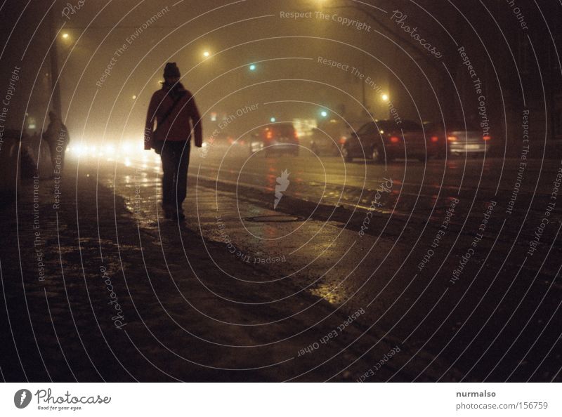 Ziel im Dunkeln Straße Mensch Bürgersteig PKW Ampel Nebel unheimlich Nacht Stadtleben Wege & Pfade unterwegs Krimi Regen Asphalt Potsdam Nachtfarbe Verkehrswege