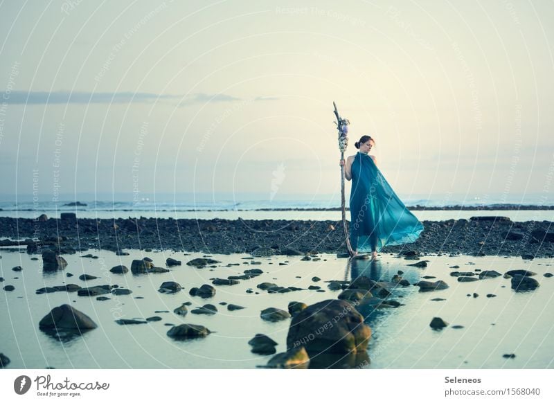 Morgenspaziergang Ausflug Ferne Freiheit Strand Meer Mensch feminin Frau Erwachsene 1 Umwelt Natur Landschaft Wasser Himmel Wolken Horizont Küste Kleid nass