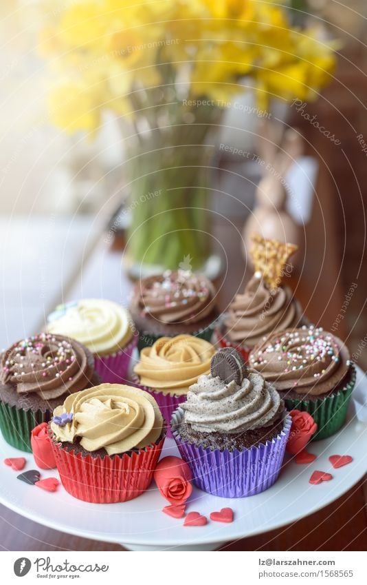 Acht süße Cupcakes auf einem Teller Kuchen Dessert Süßwaren Valentinstag Geburtstag Herz Liebe frisch Bäckerei Konfekt Verglasung Zuckerguß Farbfoto