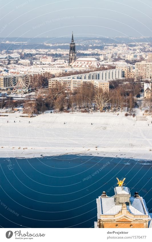 Panorama in Dresden Ferien & Urlaub & Reisen Tourismus Ausflug Ferne Sightseeing Städtereise Winterurlaub Umwelt Eis Frost Flussufer Hauptstadt Sehenswürdigkeit