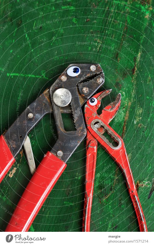 Komm lass uns kuscheln! Zwei Zangen mit Augen kuscheln auf einem Holztisch Arbeit & Erwerbstätigkeit Beruf Handwerker Arbeitsplatz Baustelle