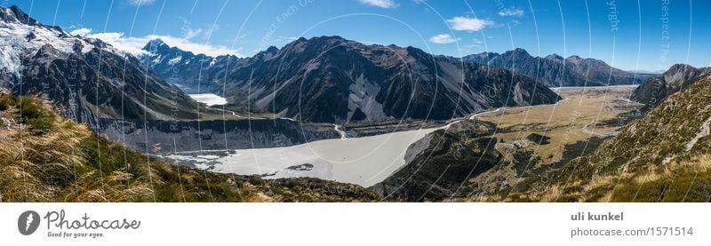 Hooker Valley und Geltschersee im Mount Cook Nationalpark Ferien & Urlaub & Reisen Tourismus Ausflug Abenteuer Ferne Freiheit Sommer Schnee Berge u. Gebirge