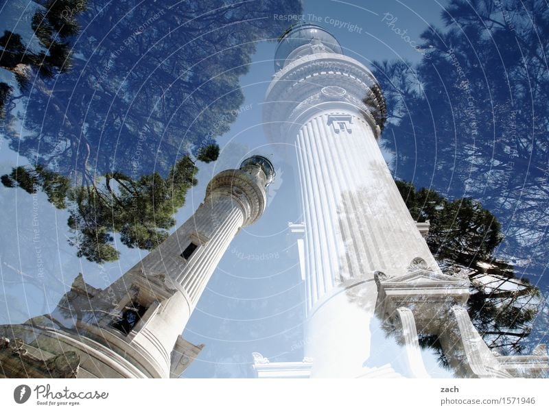 Turm auf F6 Himmel Schönes Wetter Pflanze Baum Pinie Rom Italien Stadt Hauptstadt Stadtzentrum Altstadt Säule Denkmal alt historisch blau Doppelbelichtung