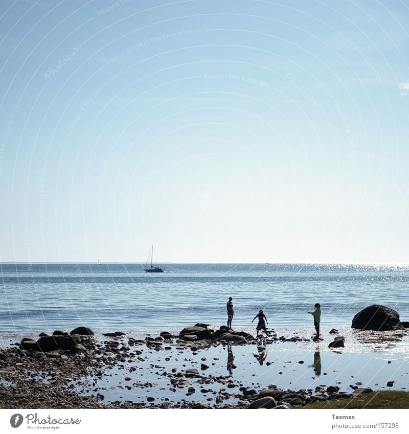 Sommerfoto Stimmung Meer Strand Stein Reflexion & Spiegelung hüpfen Segeln Ferne Horizont Freude Spielen Interrail Schweden Küste Elektrizität