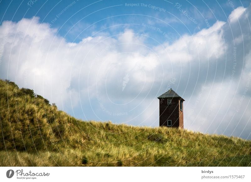 Turm in den Dünen Natur Himmel Wolken Küste Strand Stranddüne Dünengras ästhetisch authentisch frisch positiv blau braun gelb weiß Einsamkeit ruhig Farbfoto