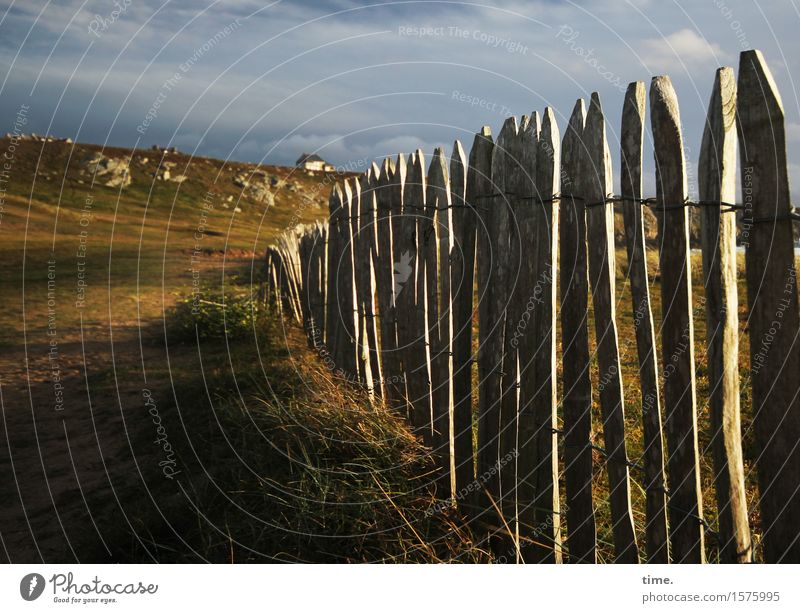 Noch alle Latten am Zaun Umwelt Natur Landschaft Herbst Schönes Wetter Wiese Felsen Küste Zaunpfahl Bretagne Skyline Haus authentisch Mut Romantik Ausdauer