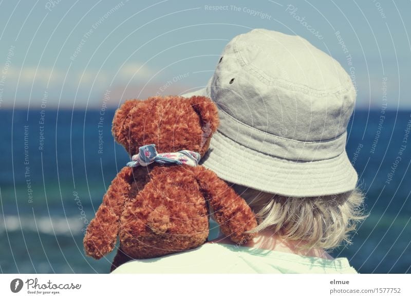 Teddy Per macht Urlaub (5) feminin Frau Erwachsene 1 Mensch Himmel Sonne Schönes Wetter Meer Spielzeug Teddybär Stofftiere Hut Hutkrempe Blick sitzen blond