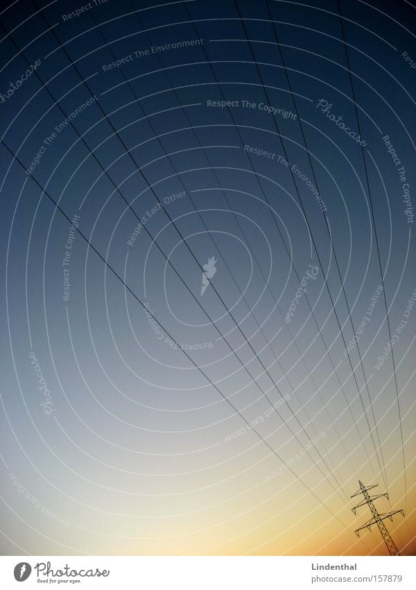 ELECTRICITY Elektrizität Strommast Dämmerung diagonal Linie Kurve Kommunizieren Neigung