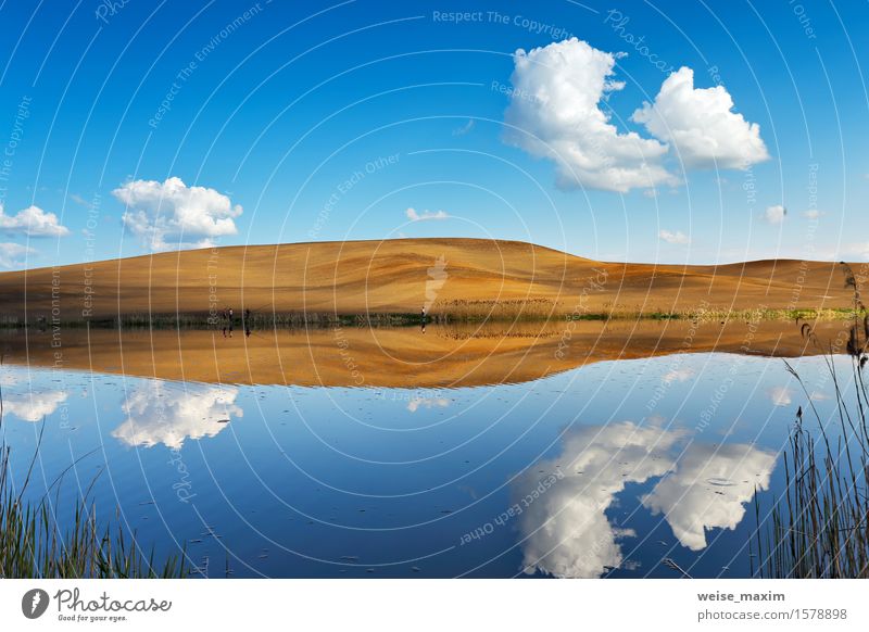 Angeln auf ruhigem Wasser. Hügel und Himmel hinter einem See schön Ferien & Urlaub & Reisen Ausflug Sommer Umwelt Natur Landschaft Pflanze Sand Luft Wolken